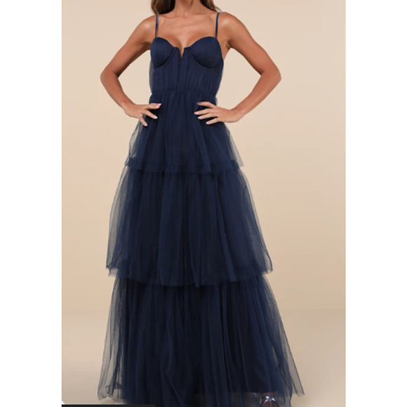 LULU'S XS Unforgettable Poise Navy Blue Tulle Bustier Tiered Maxi Dress NEW B68 - Picture 1 of 9
